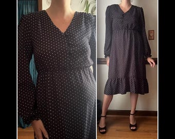 Robe secrétaire vintage des années 80 noir blanc à pois manches ballon classique chic M