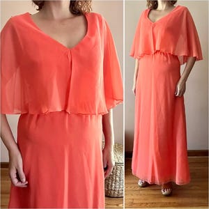 Vintage 70s Orange Capelet Flutter Sleeve Chiffon Boho Maxi Formal Dress S