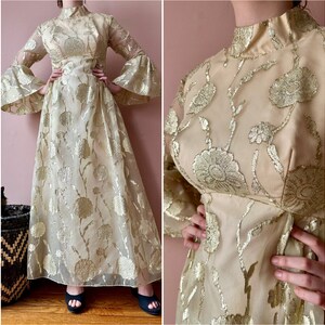 Formal Vintage 60s Dress - Gold Metallic Bell Sleeve Party Gown - Boho Glam