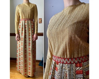 Vintage 60s Dress - Metallic Gold Glam Formal - Geometric Maxi - Hippie Mod