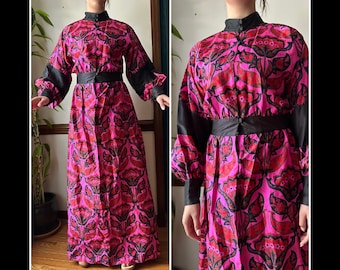 Vintage 70s Dress - Block Print Indian Silk Hippie Maxi - Boho Balloon Sleeve