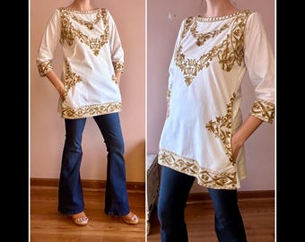 Vintage 90s Embroidered White Cotton Tunic Top Shirt Blouse Boho Hippie S M