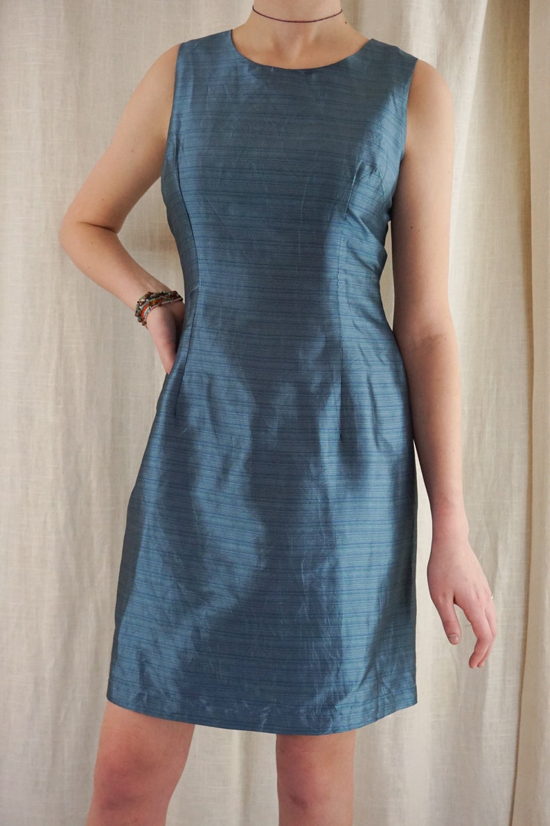 Vintage 90s Mary McFadden Blue Silk Sheath Dress Minimalist simple Classic M L