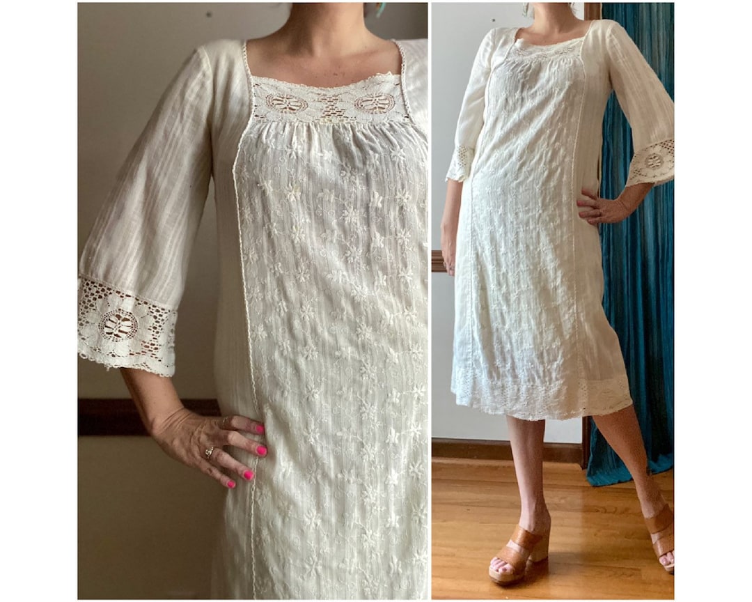 Vintage 70s Dress - Embroidered Cotton Caftan - Cottagecore Boho Hippie ...