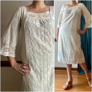 Vintage 70s Dress - Embroidered Cotton Caftan - Cottagecore Boho Hippie