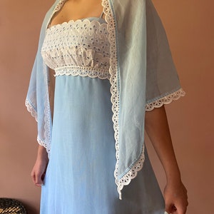 Vintage 70s Baby Blue Eyelet Shawl Romantic Empire Maxi Dress Cottagecore XS S image 7