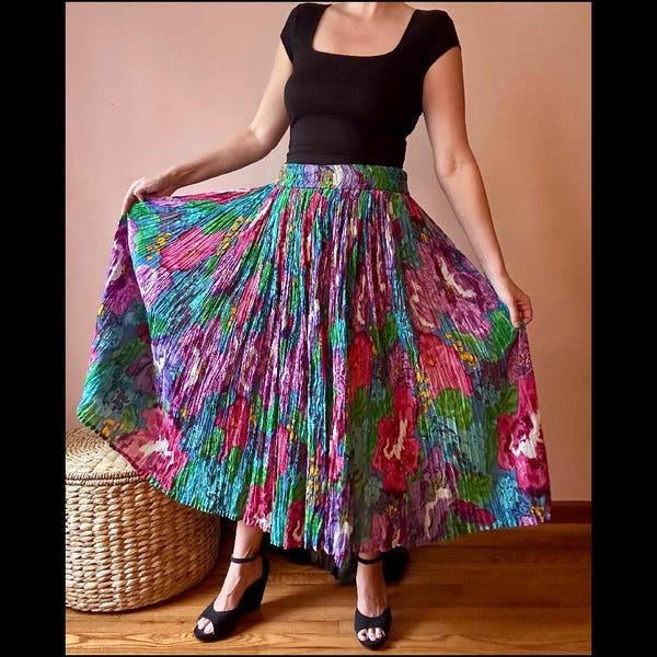 Multicolor Stippled Indian Gauze Cotton Crinkle Broomstick Long Skirt #65