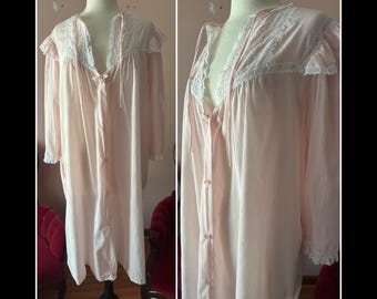 Vintage 70s Cotton Pink Ruffled Lace Nightgown Robe Models Coat Nightie S M
