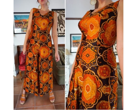 Vintage 60s Vibrant Paisley Orange Brown Wide Leg