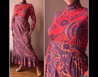 Vintage 60s Dress - Hippie Boho Maxi Dress - Red Blue Long Sleeve Mock Neck