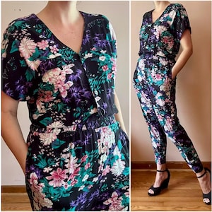 Vintage 90s Dark Moody Floral Femme Jumpsuit Pockets Tapered Leg M L