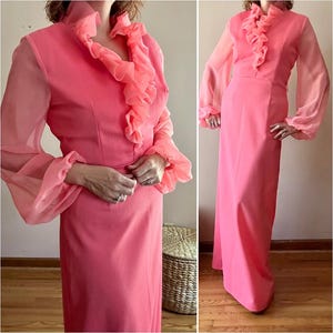 Vintage 70s Coral Pink Ruffled Sheer Bishop Sleeve Maxi Hostess Dress Hippie