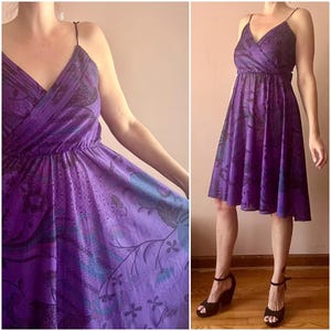 Vintage 70s Bird Print Paisley Purple Full Skirt Casual Hippie Boho Dress S M