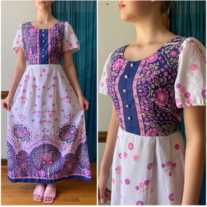 Vintage Tree Print Dress - Novelty Print - 70s Maxi Dress - Cottagecore Hippie