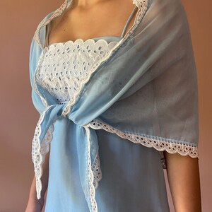 Vintage 70s Baby Blue Eyelet Shawl Romantic Empire Maxi Dress Cottagecore XS S image 10