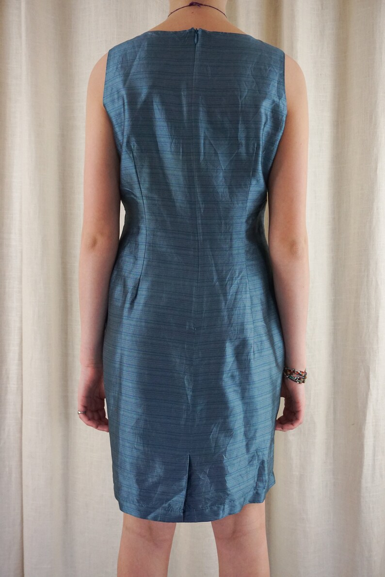 Vintage 90s Mary McFadden Blue Silk Sheath Dress Minimalist simple Classic M L