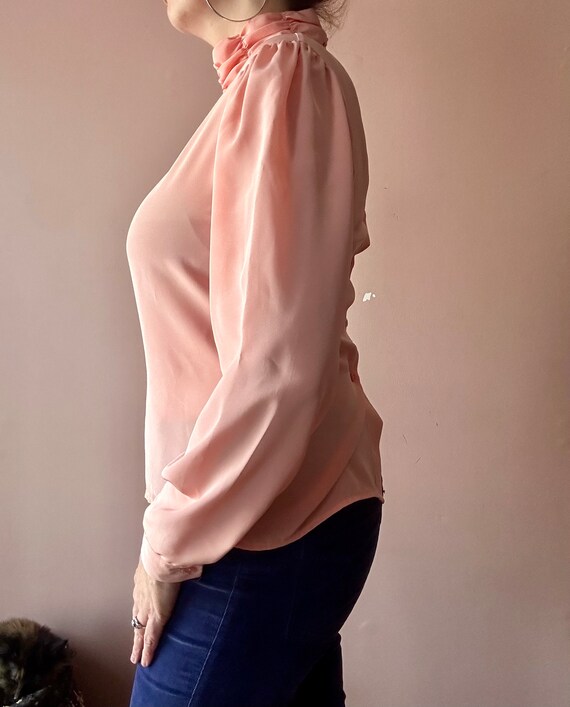 Vintage 80s Bishop Sleeve Mockneck Blouse - Peach… - image 5