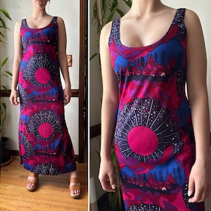 Vintage 70s Dress - Psychedelic Novelty Print Dress - Sunset Clouds Hippie Maxi
