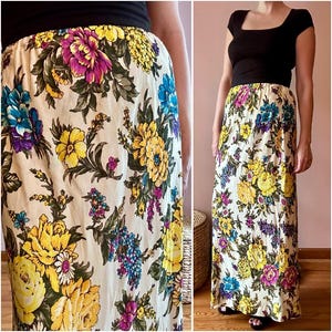 Vintage 70s Retro Floral Cottagecore Maxi Skirt Hippie Boho Elastic Waist S M
