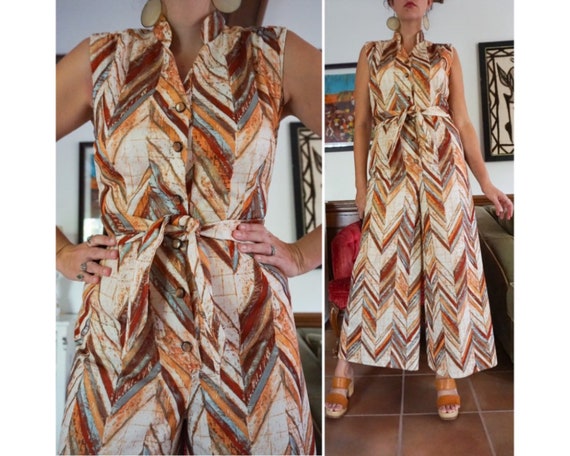 Vintage 70s Chevron Belted Wide Leg Jumpsuit Boho
