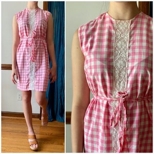 Vintage 60s Dress - Checked Gingham Plaid Sheath - Pink Casual Cotton Lace Mini