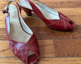 Vintage 50-tals Bruno Magli Röda Peeptone Slingback Pumps Klackskor Pinup 5.5 B