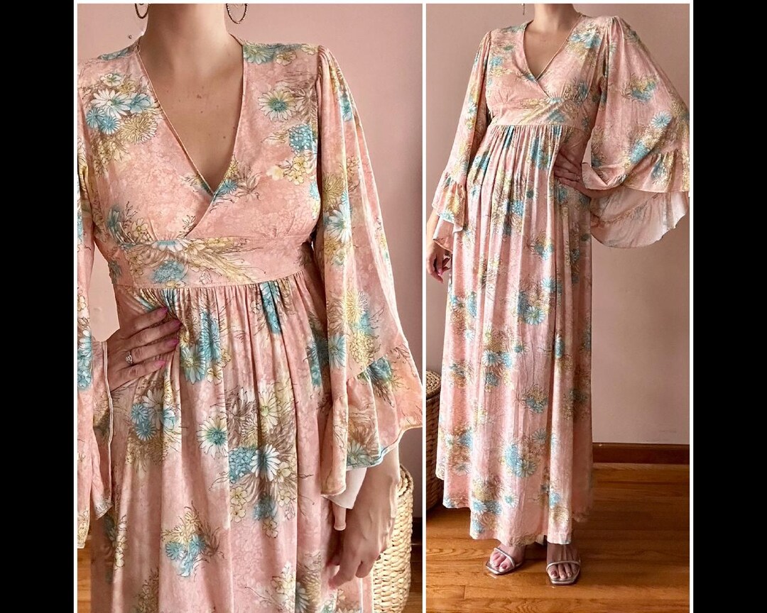 Vintage 70s Angel Wing Bell Sleeve Romantic Floral Boho Hippie Maxi ...