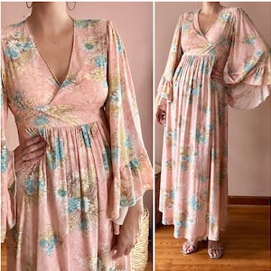 Vintage 70er Jahre Engel Flügel Glocken Ärmel romantisch Floral Boho Hippie Maxi Kleid M