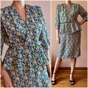 Vintage 80s Floral Peplum Secretary Dress Blue Yellow Career Office M L