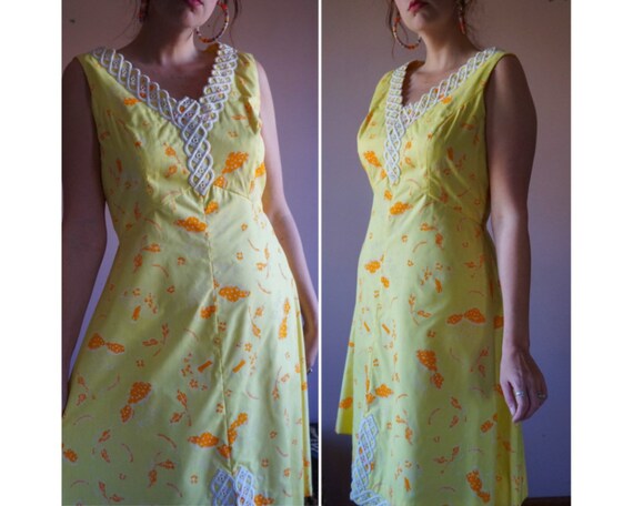 Vintage 60s Yellow Mushroom Dress Embroidered She… - image 1