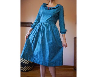 Vintage 30s 40s Blue Cotton Calico Floral Ruffled Prairie Cottagecore Dress L