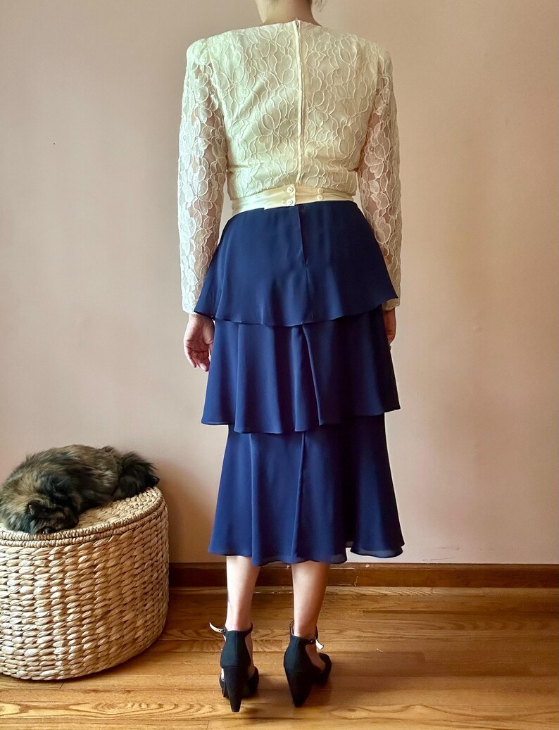 Vintage 80s Ruffled Lace Midi Dress Elegant Modest Demure Party Wedding ...
