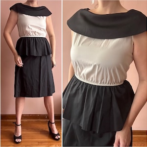 Vintage 80s Dress - Black White Peplum Sheath Dress - Classic Chic Career