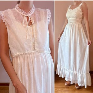 Vintage 70s White Cotton Prairie Dress Cottagecore Hippie Boho Long Maxi S M