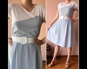 Vintage 70s Dress - Asymmetrical Casual Blue White Day Dress - Minimalist