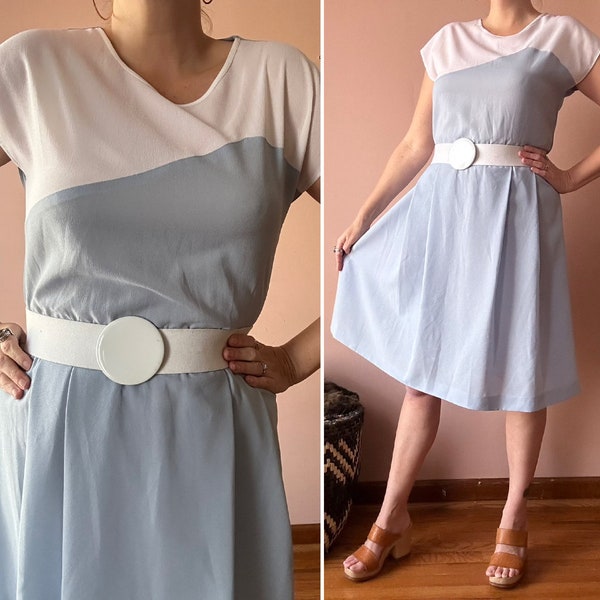 Vintage 70s Dress - Asymmetrical Casual Blue White Day Dress - Minimalist