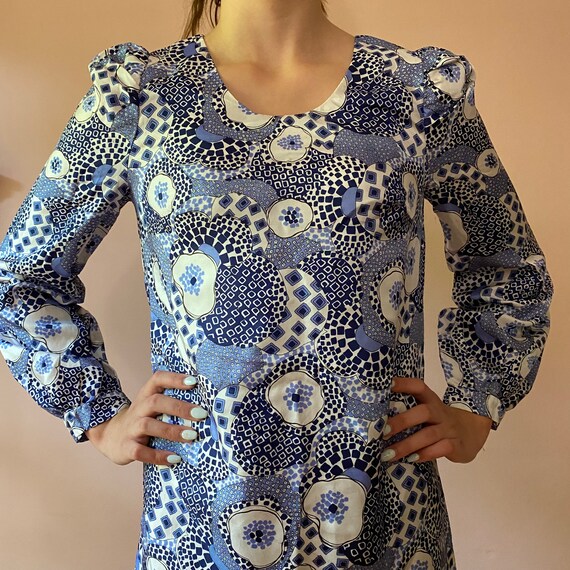 Vintage 60s psychedelic blue bishop sleeve mini d… - image 4