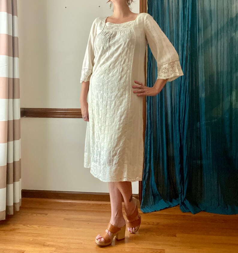 Vintage 70s Dress - Embroidered Cotton Caftan - Cottagecore Boho Hippie ...