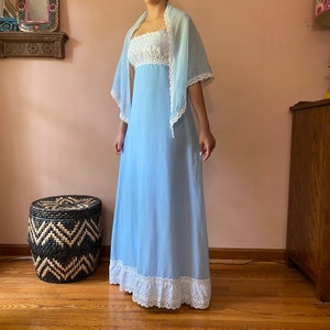 Vintage 70s Baby Blue Eyelet Shawl Romantic Empire Maxi Dress Cottagecore XS S image 3