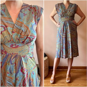 Vintage 70s Soft Paisley Hippie Boho Blue Rust Casual Dress S M