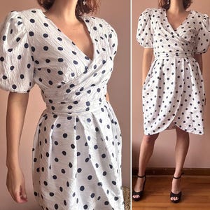 Vintage 80s Puff Sleeve Polka Dot Tulip Hem White Dress Casual Party M