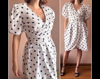 Vintage jaren 80 pofmouw polkadot tulpzoom witte jurk casual feest M