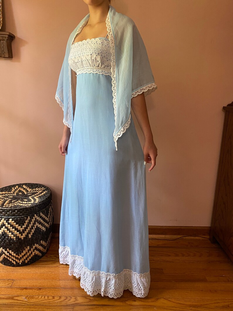 Vintage 70s Baby Blue Eyelet Shawl Romantic Empire Maxi Dress Cottagecore XS S image 9