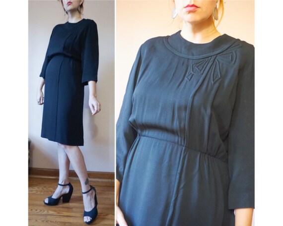 Vintage 40s Nelly Don Black Rayon Bow Dress LBD Cl