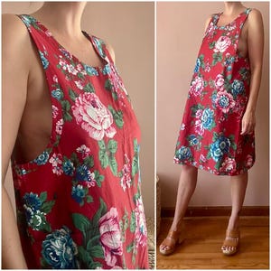 Vintage 80s Kenzo Paris Red Floral Cotton Smock Apron Dress Pockets S M L