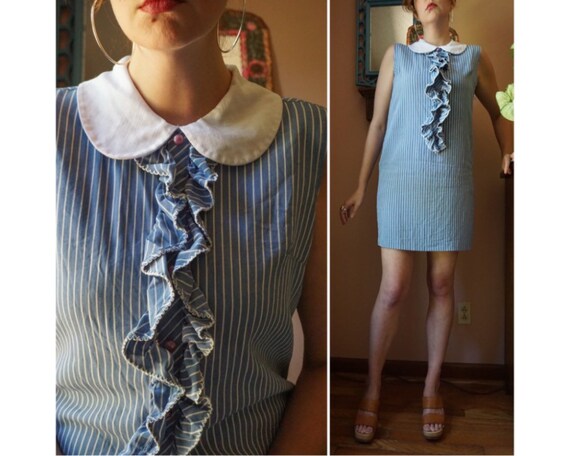 Vintage 60s Blue White Pinstriped Peter Pan Collar