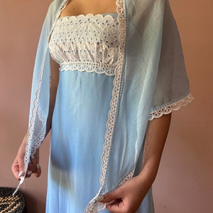 Vintage 70s Baby Blue Eyelet Shawl Romantic Empire Maxi Dress Cottagecore XS S image 2