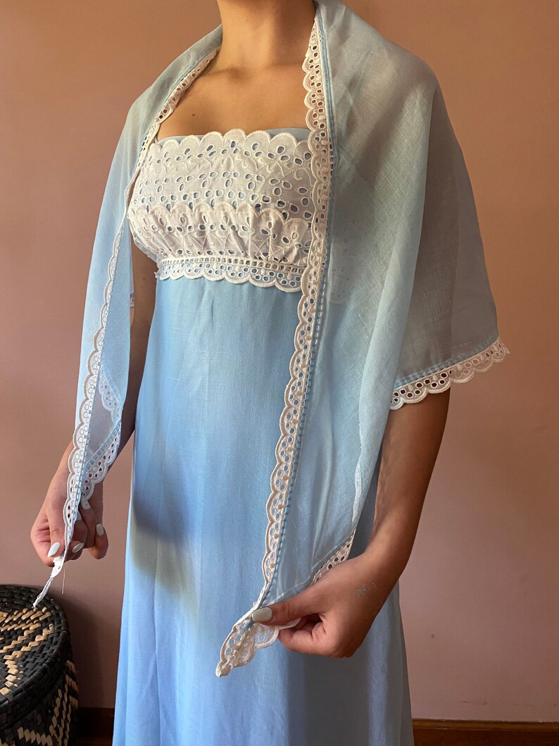 Vintage 70s Baby Blue Eyelet Shawl Romantic Empire Maxi Dress Cottagecore XS S image 2