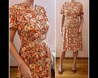 Vintage 50s Orange Floral Casual Day Dress Pleated Full Skirt Classic L XL