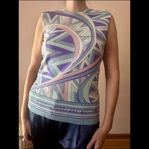 Vintage 60s Psychedelic Mod Hippie purple Blue Geometric Sleeveless Top Blouse L